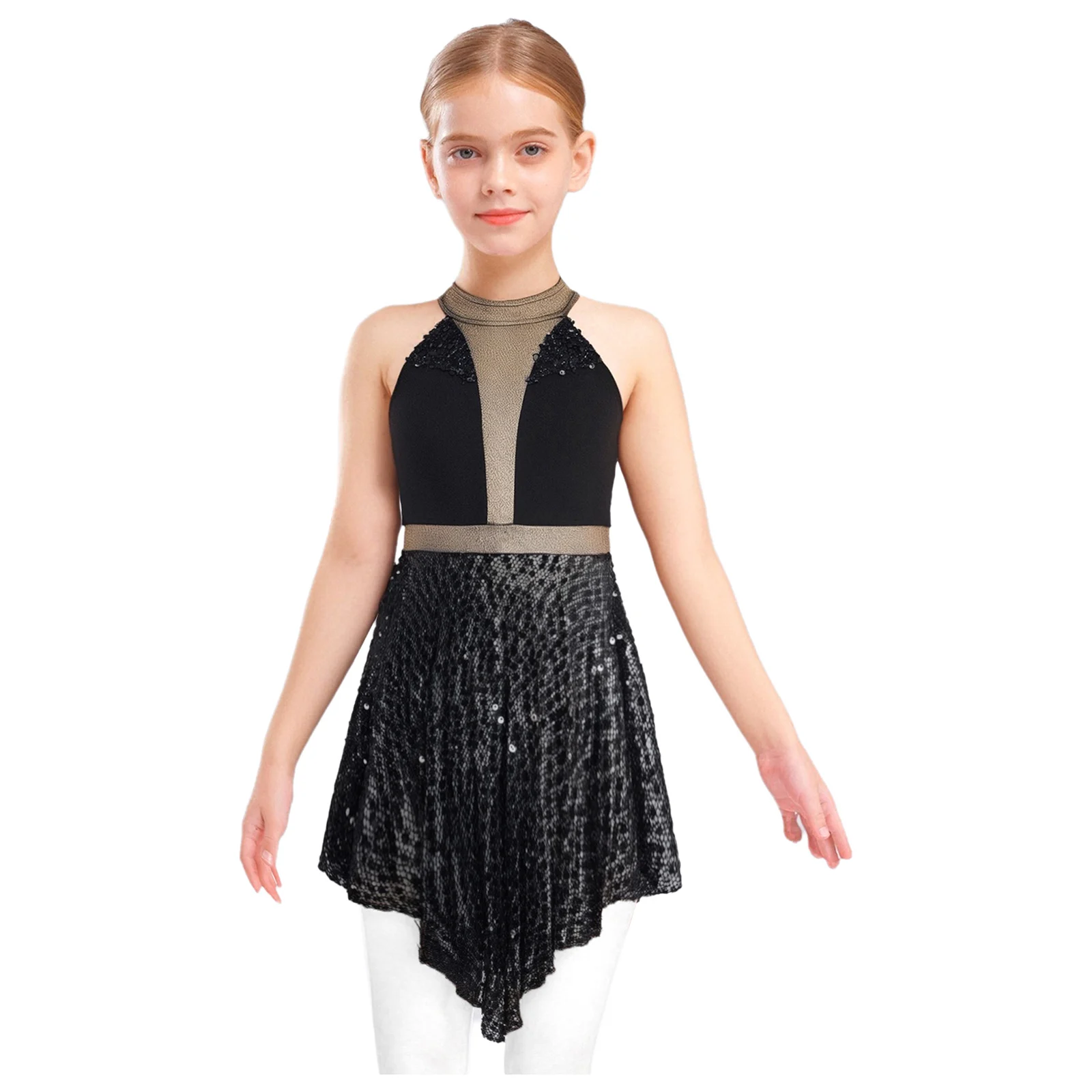 

Kids Girls Ballet Lyrical Dance Dress Overalls Shiny Sequins Sleeveless Hollow Out Mesh Irregular Hem Skirt Dress Jazz Dance Top