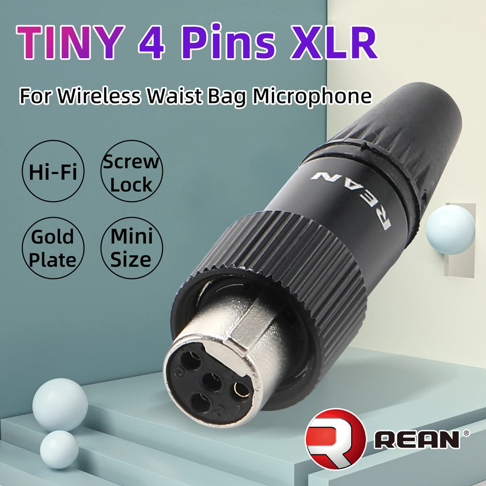 REAN Mini XLR Cable Connector 4 Pins Female with screw Locking, 4 Pole Tiny Wireless Waist-bag MIC Microphone Soldering Plug