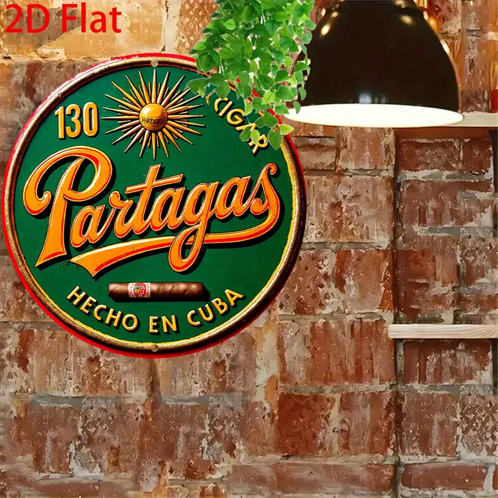 2D Flat, 1pc Retro Round Aluminum  Sign Wall Art - 20x20cm Vintage Decorative Plaque with Cuban Cigar Design, Sunburst