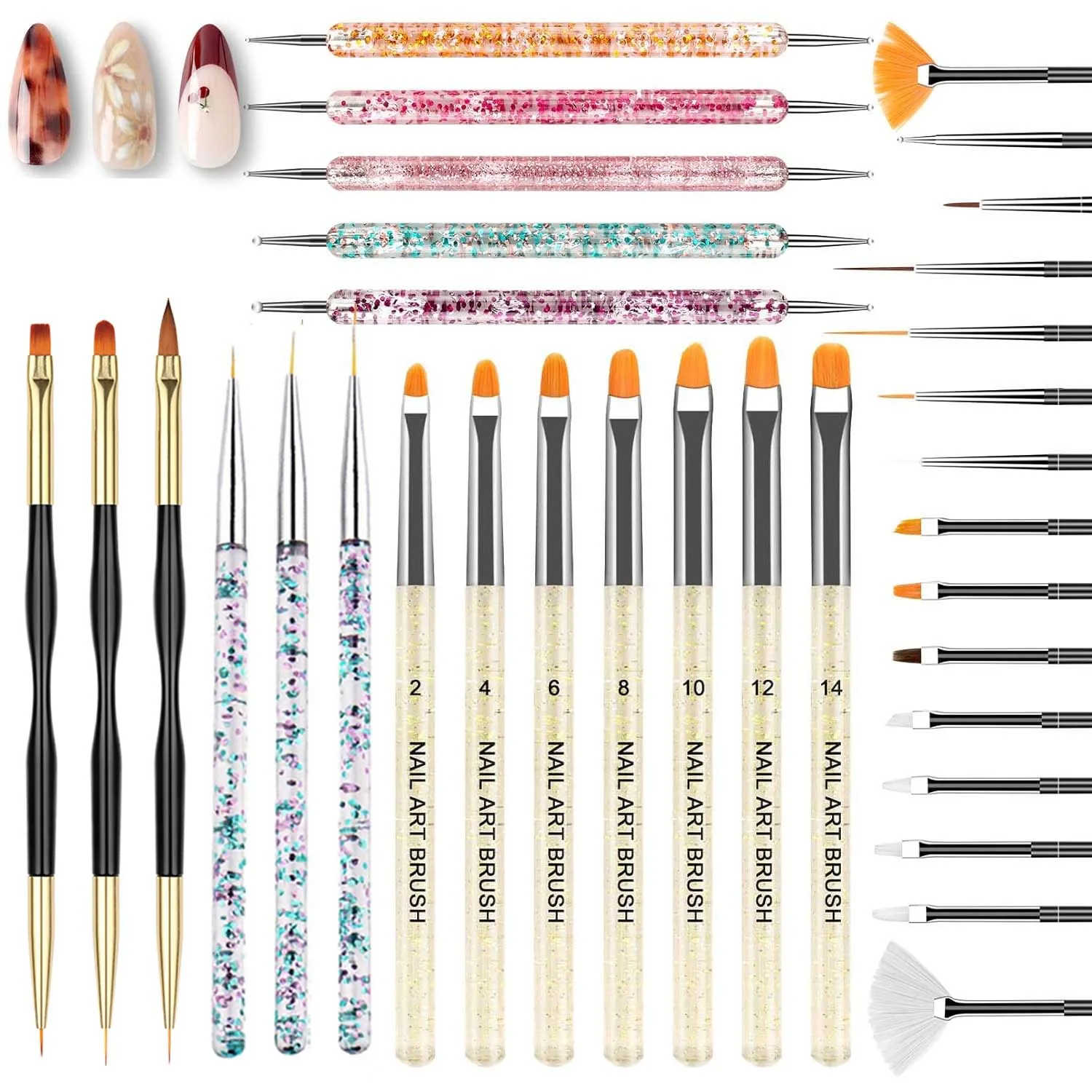 33PCS Nail Art Brush Set Dual Ended Dotting Pen Liner Fan Flat UV Gel Acrylic Painting 3D Carving Manicure Kit Salon Home DIY