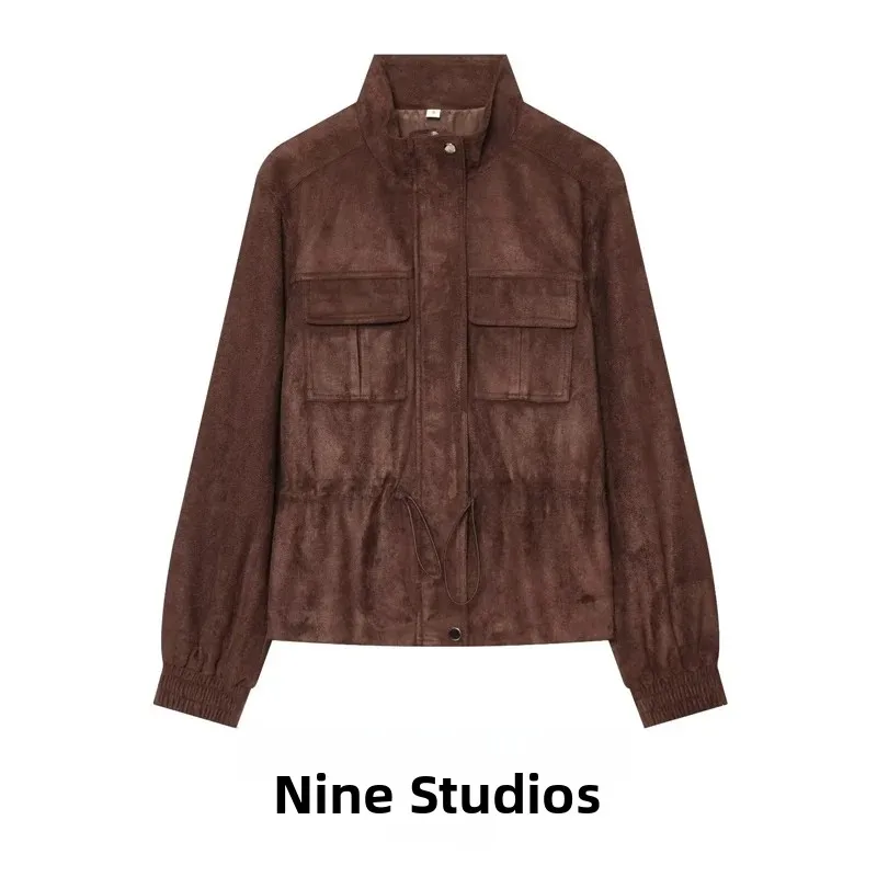 Casual High Collar Jacket Women's Drawstring Waist Pocket Detail Outerwear Fashionable Zipper Closure Long Sleeve Top