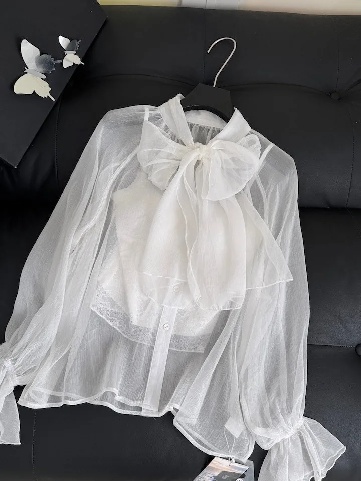 

Summer New Lightweight Bell Sleeve White Shirt Cover up Lace Strap Vest Two Piece Set Women's Fashion Cotton Blend Outfit