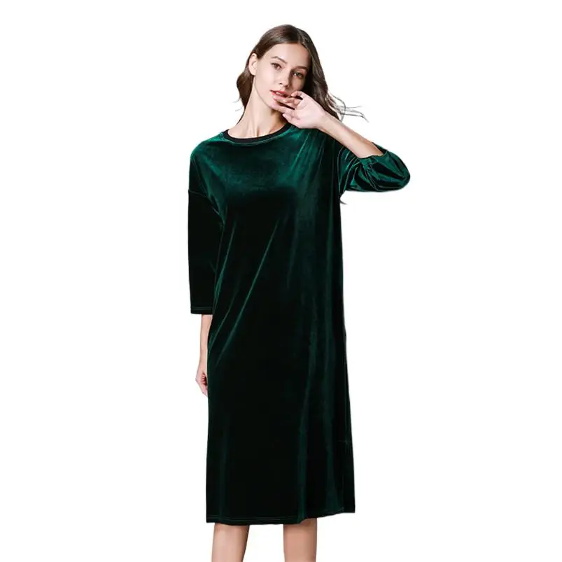 

Women Velvet Straight Dress O-Neck Three Quarter Sleeve Slim Office Dress Work Wear Ladies Midi Dress Loose Casual Vestidos Robe