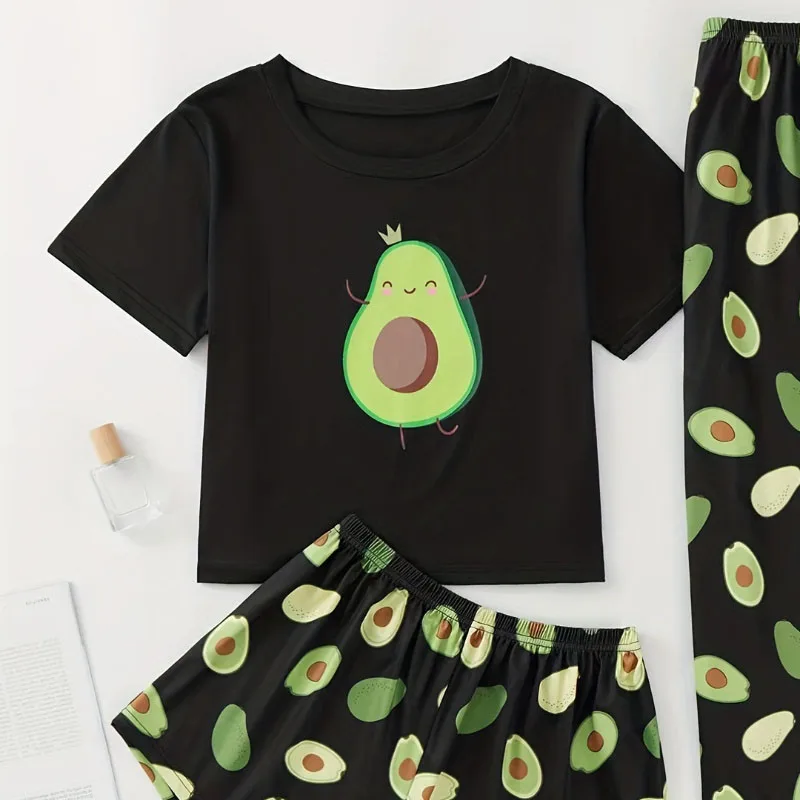 

Женский черный топ и брюки с короткими рукавами и круглым вырезом, повседневный комплект из двух предметов для дома/пижамы, повседневный пижамный комплект с фруктовым принтом.