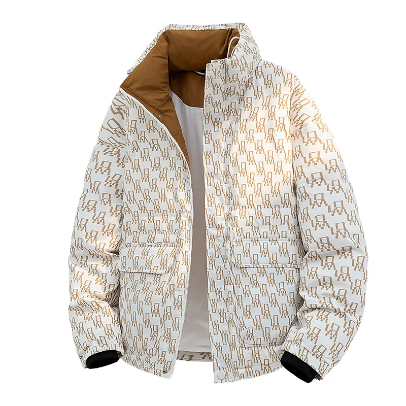 

2025 Men's All-Over Print Down Jacket Double Collar Streetwear Parka Weather-Resistant Cargo Pants Style with 2-Layer Warmth