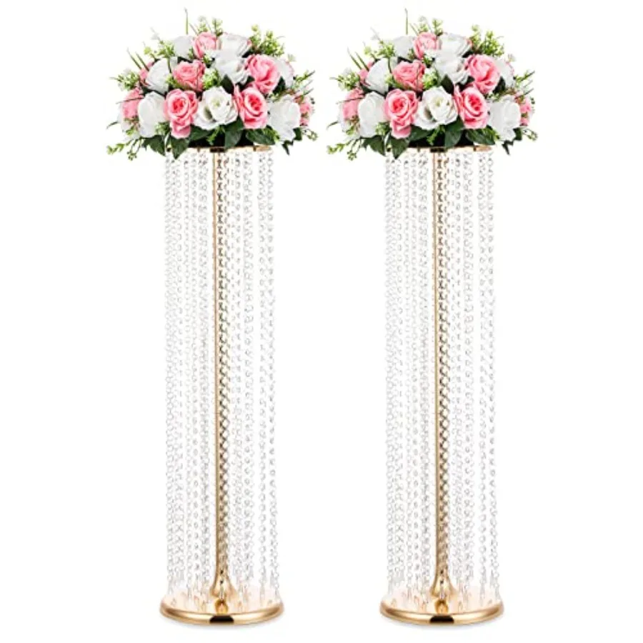 Wedding centerpieces for party tables: 2 pcs 35.4-inch tall gold crystal flower vases elegant gold finish premium crystal mater