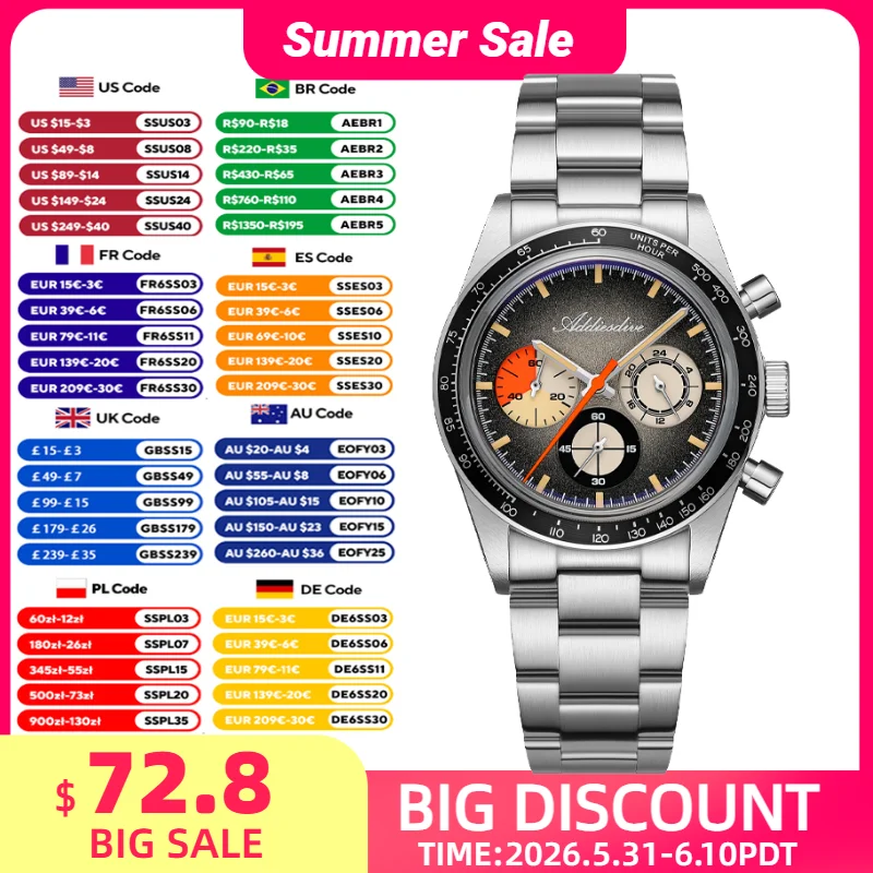

ADDIESDIVE New Men's Quartz Chronograph Watch 100m Waterproof C3 Luminous Wristwatch 37mm Bubble Glass 316L Steel Sport Watches