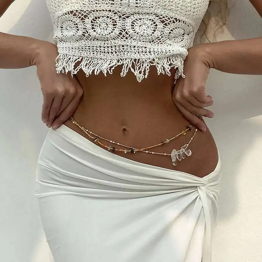 

Lacteo Bohemia Doule-layer Beads Waist Chain Women Ethnic Imitation Crystal Pendant Belly Chain Statement Summer Beach Jewelry