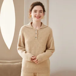 Cashmere Sweater Women's 2024 Autumn/Winter New Knitted lapel Pullover 100% Cashmere Loose Korean Fashion Luxury Top