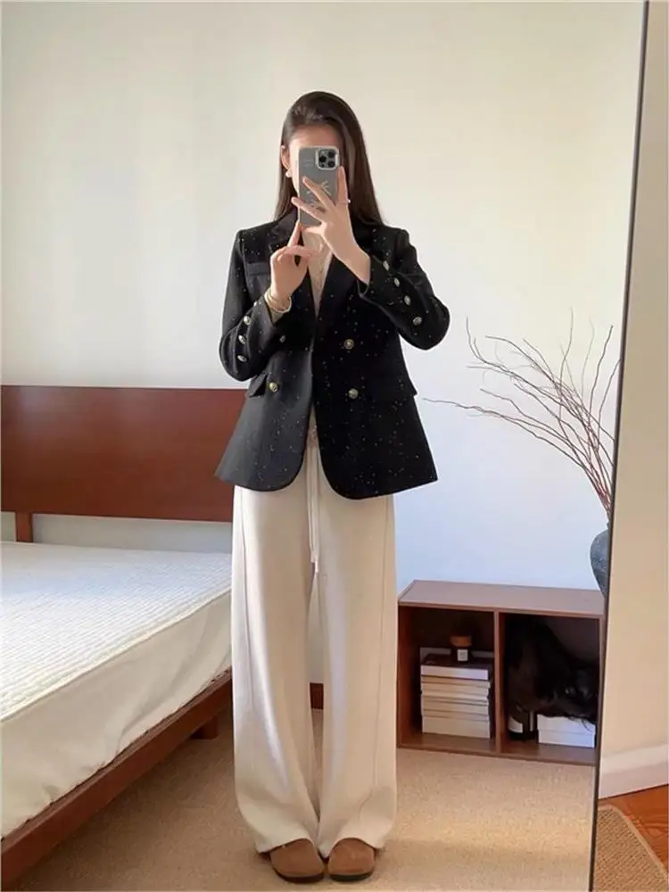 سترة نسائية أنيقة ولامعة للربيع والخريف، تصميم فضفاض متعدد الاستخدامات، ملابس خارجية طويلة الأكمام مناسبة للمكتب