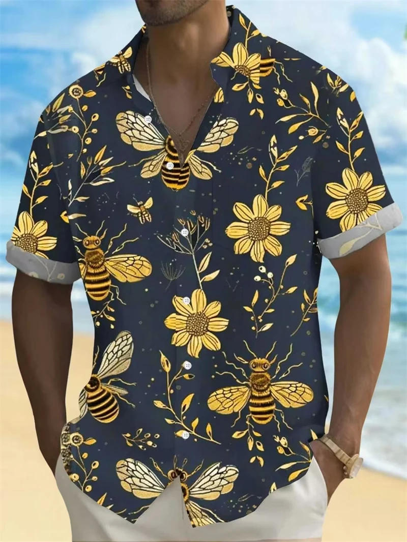 

Men's Bee Hawaiian Shirt Fashion 3D Cute Animal Bee PrintCasual Short Sleeve Button Down Lightweight Summer Shirt For Men Women