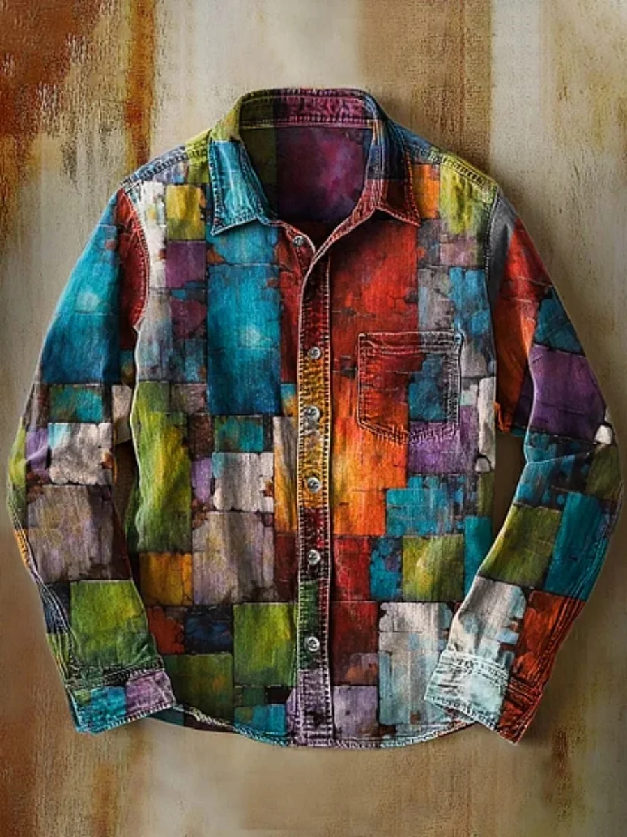 

Men's New Style Linen Long Sleeve Shirt Fashion Trend Vintage Hawaiian Style Shirt Casual Artistic Print Plus Size