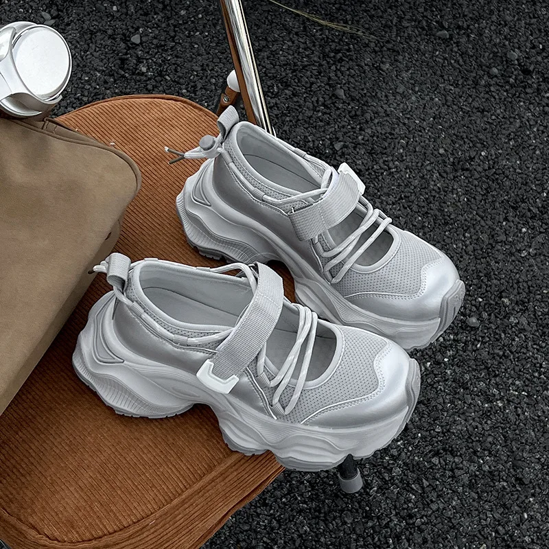 

Velcro Thick Sole Sports Sandals for Women 2025 Summer New Height-Increasing Mesh Shallow Mary Jane Casual Dad Shoes
