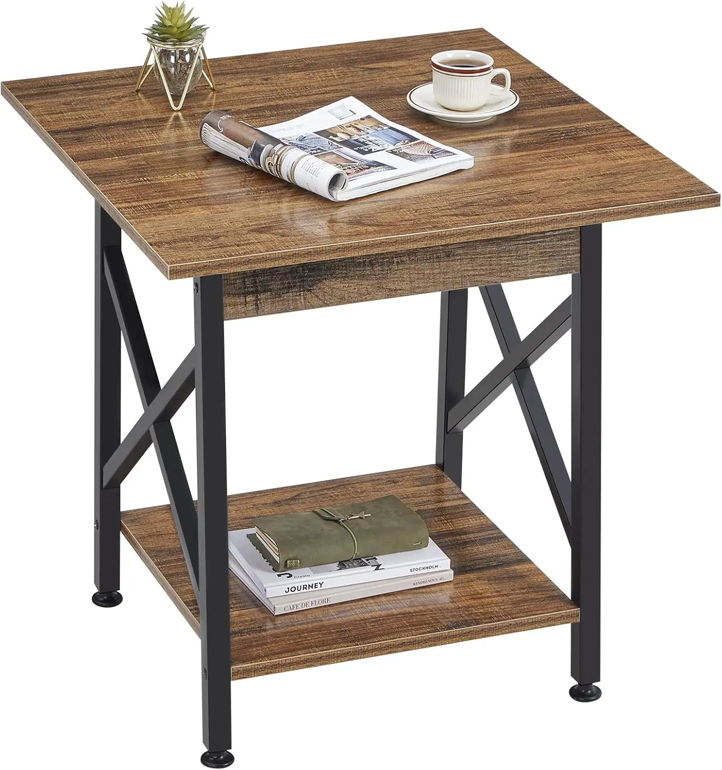 

End Table 24 inch Industrial Design Side Table with Storage Shelf for Living Room, Easy Assembly Rustic, Rustic Walnut