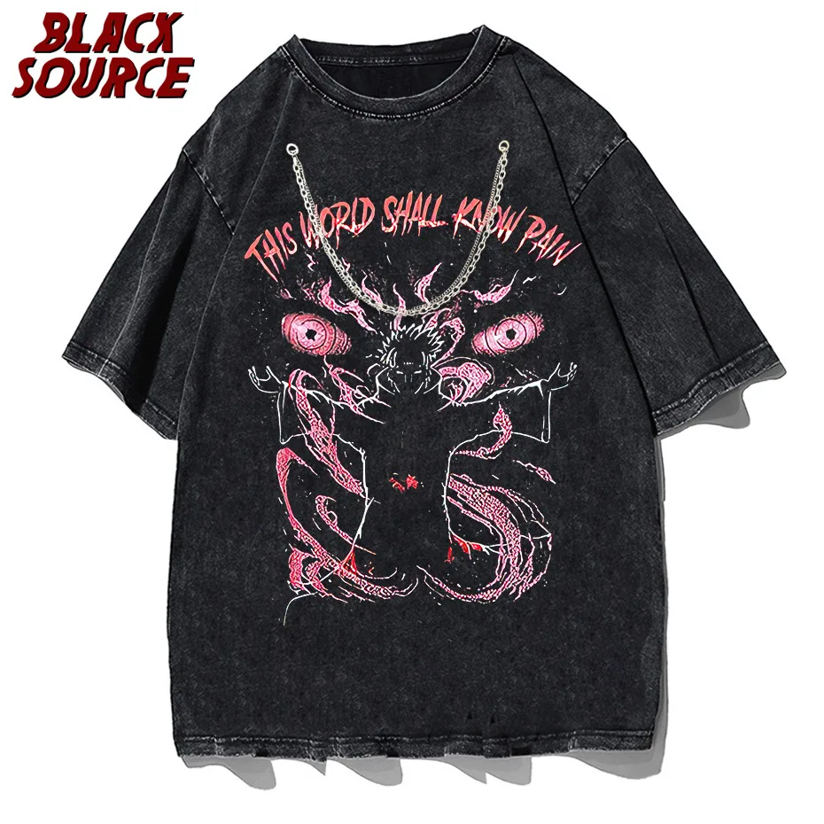 black source Anime Pain Printed T Shirt Men Retro Washed 100% Cotton Tops Tees Harajuku Tshirt Streetwear Hip Hop Male T-shirts