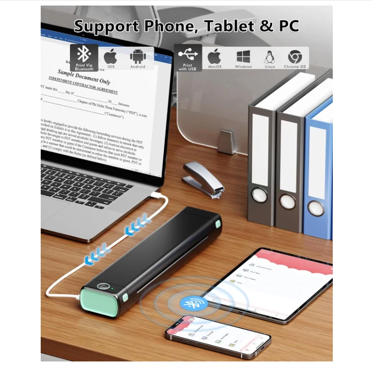 Phomemo M08F Portable Thermal Printer BLACK WHITE A4 203dpi Resolution INK FREE Home Office Mobile Thermal Paper Usage