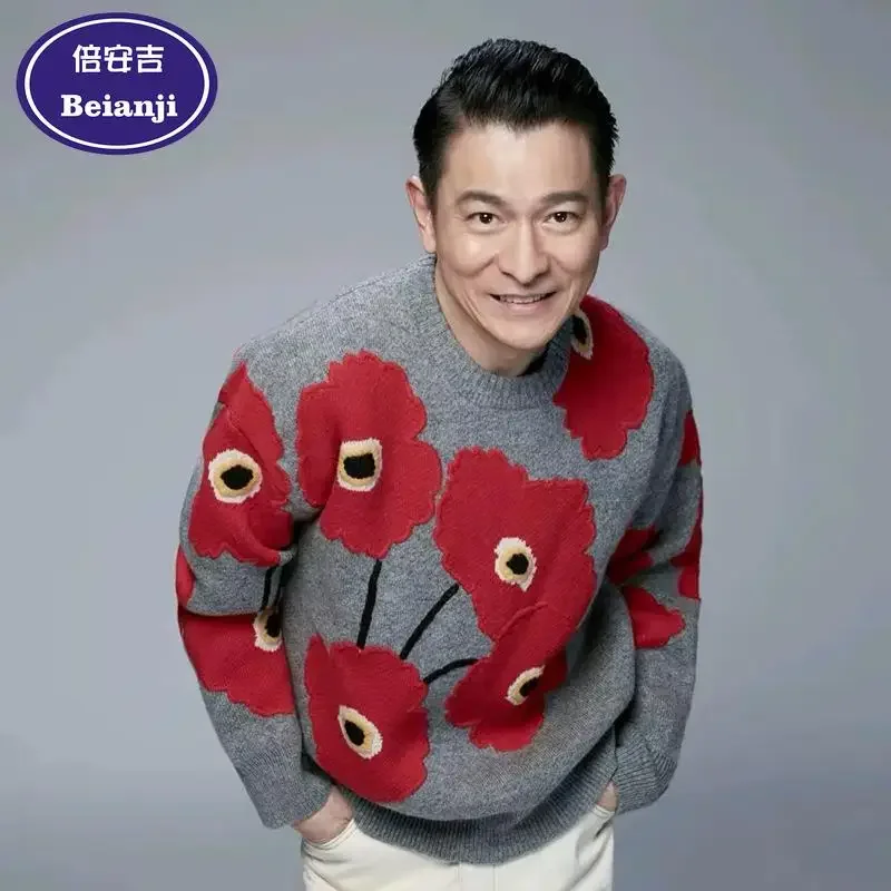 

Fashion Trend Men's Autumn Winter New Style Red Flower Embroidery Jacquard Sweater Knitted Loose O-Neck Casual Gray Pullovers