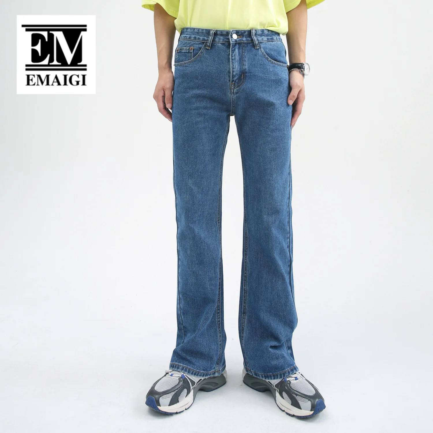 Male Japan Korea Style Vintage Denim Trousers Pant Men High Street Hip Hop Casual Hole Small Flare Jeans Pant