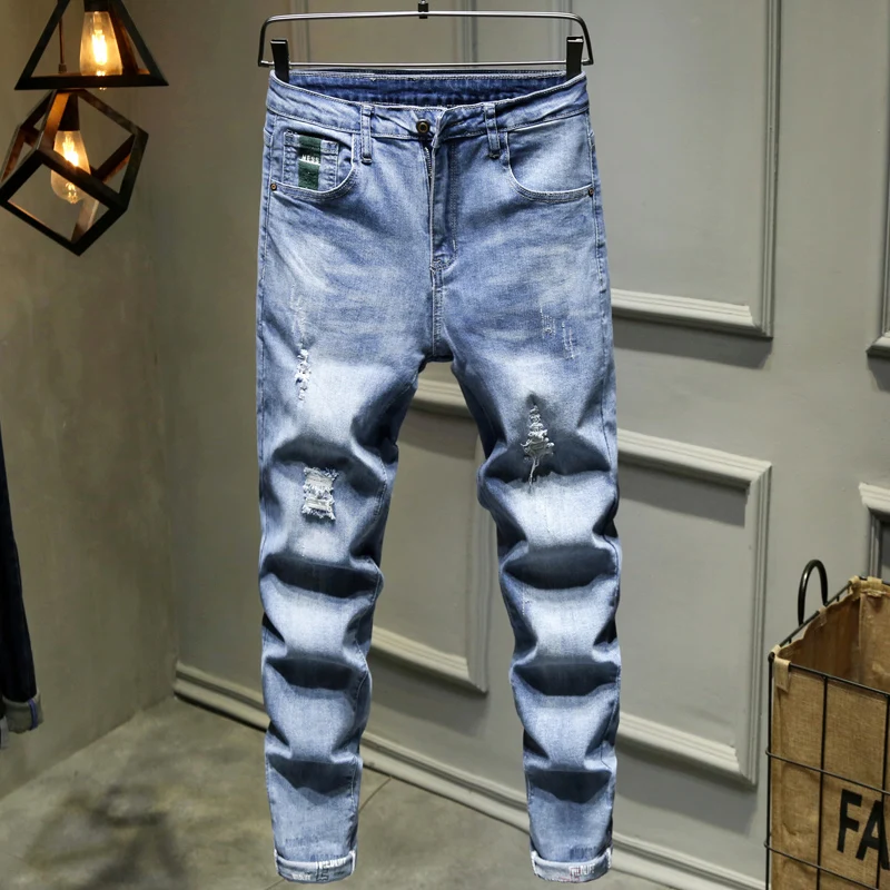 العصرية تقسم خمر ركوب الدراجات النارية سليم صالح الجينز للرجال الشباب عارضة السراويل الطويلة منتصف الخصر سستة مايكرو تمتد