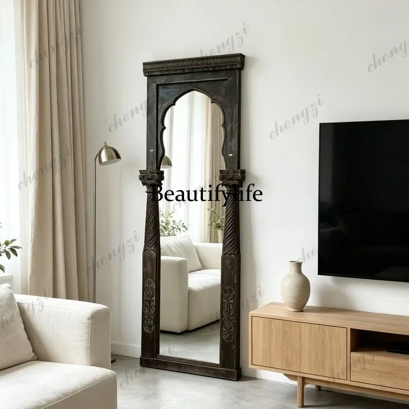 A4567 Retro European arched full-length mirror vertical carved decorative full-length mirror bedroom living room floor fitting m