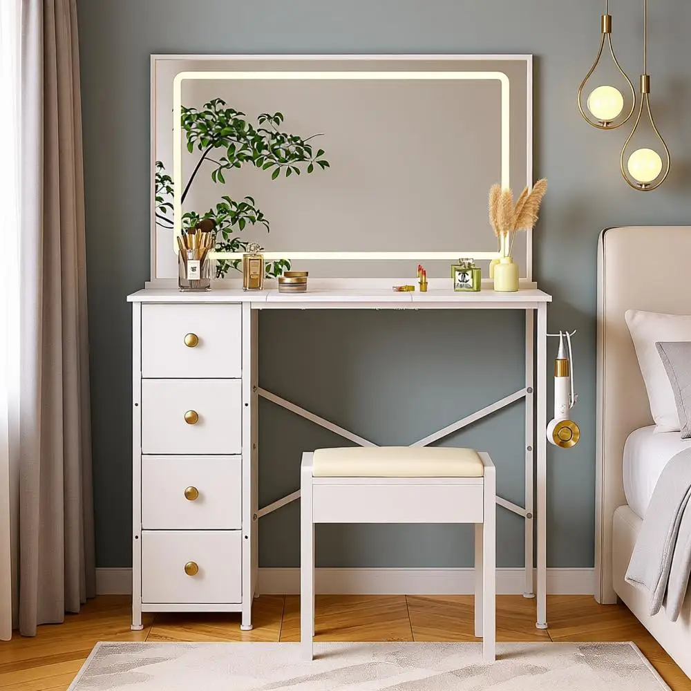 

White 36 Kids' Vanity Desk with Fabric Drawers and Storage for Small Spaces