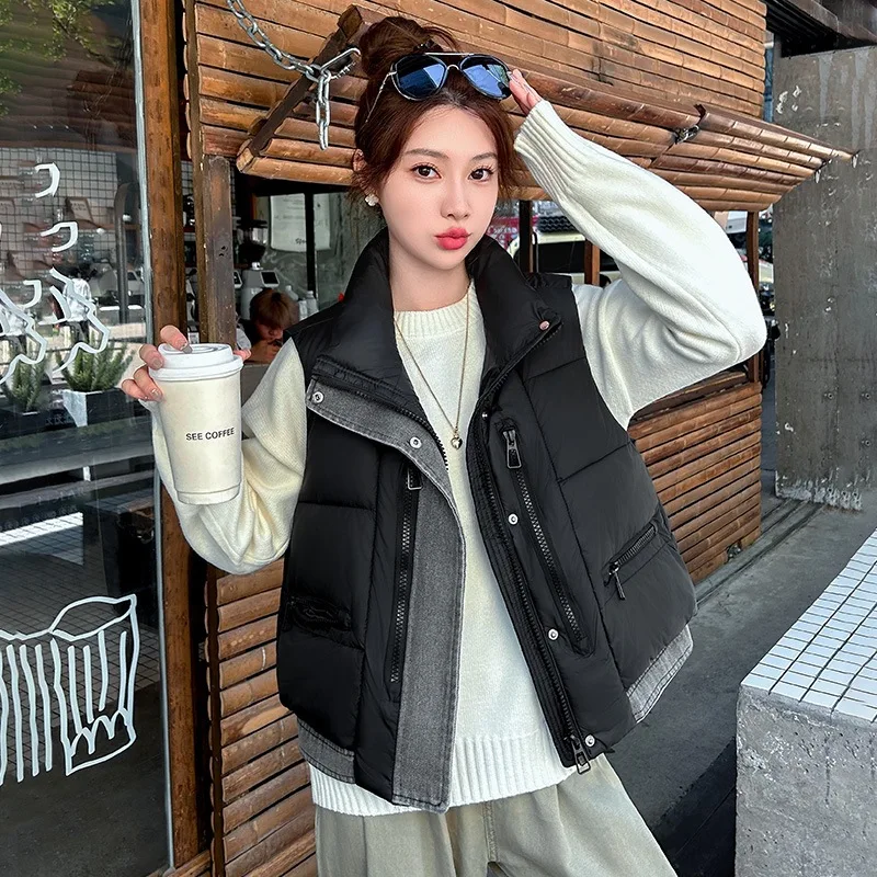 New Loose Cotton Vest Denim Patchwork Stand Collar Autumn Winter Cotton Vest Down-Filled Cotton Waistcoat Women's Outerwear