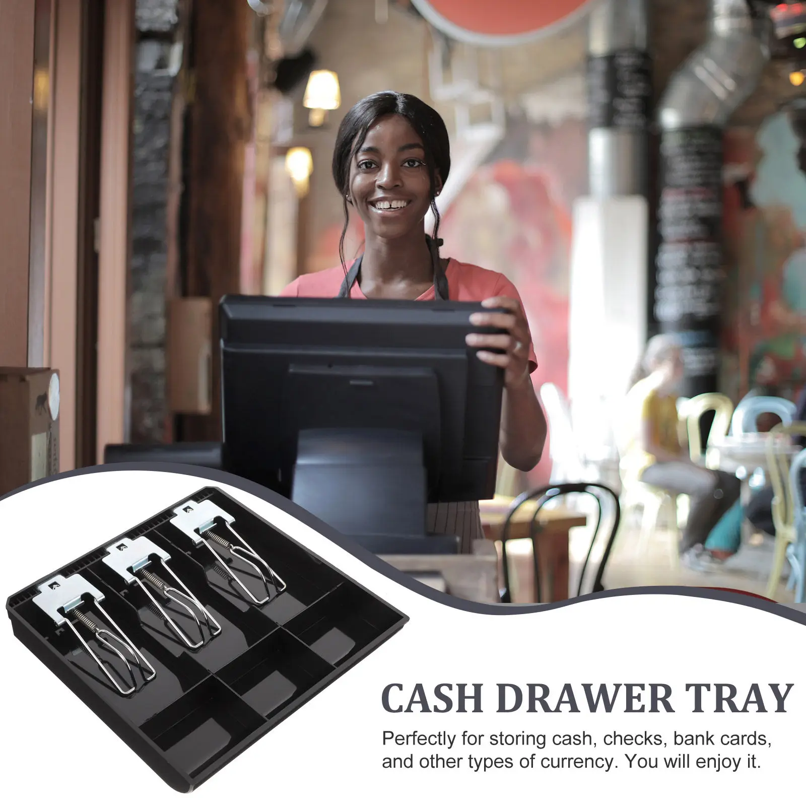 Cash Drawer Tray Money Organizer with Multiple Compartments for Coins Bills Checks Cards Supermarket Cash Register Insert Till