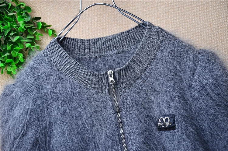 Ladies Women Fall Winter Clothing Grey Hairy Angora Rabbit Hair Knitted Zippers Short Sleeves Slim Cardigans Sweater Vest Jacket