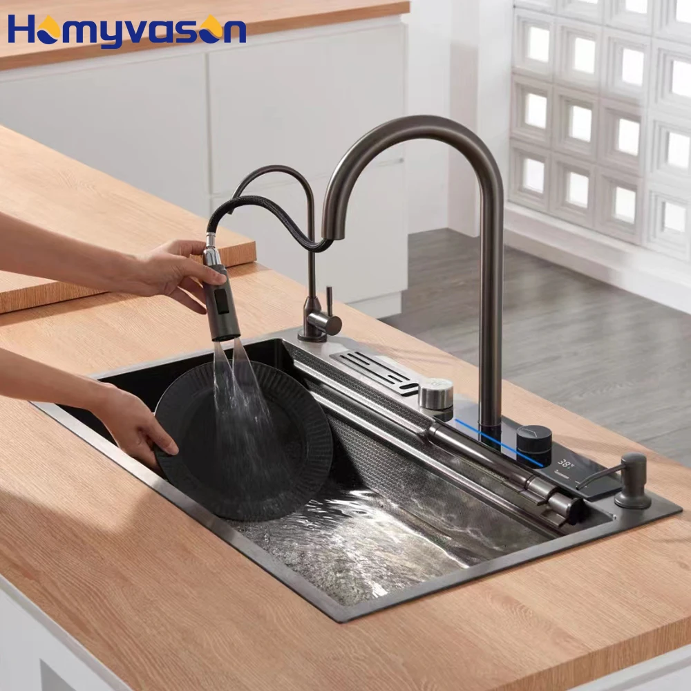 Smart Modern Nano 304 Stainless Steel Single Multifunction Piano Key Flying Rain Large Digital Waterfall Tap Faucet Kitchen Sink
