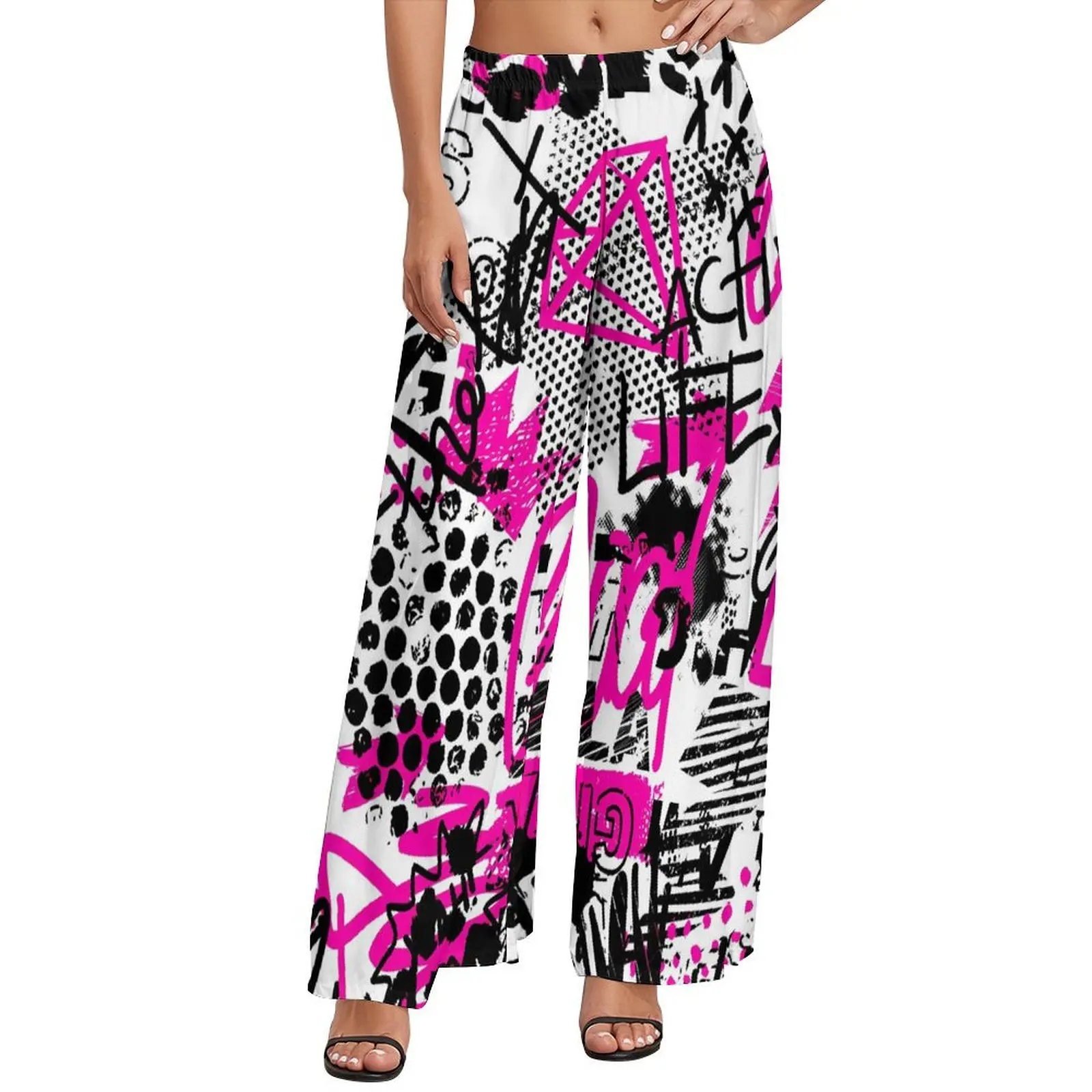 Black Pink Graffit Straight Pants Letter Print Trendy Wide Pants Womens Big Size Aesthetic Custom Trousers