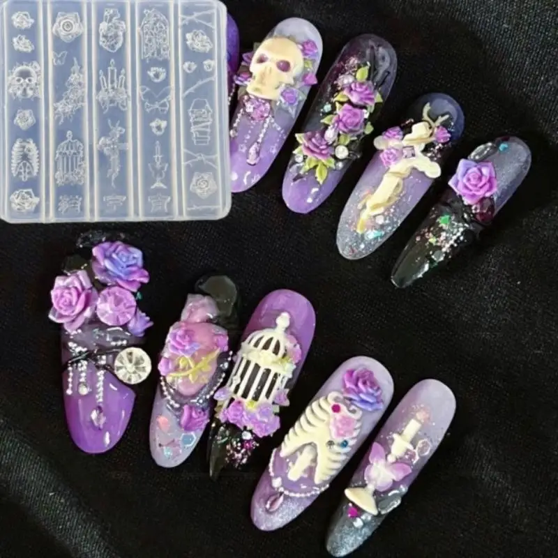 New 3D Creative Transparent Nail Mold DIY Nail Art Decoration Rose Candlestick Skull Butterfly Birdcage Nail Art Carving Mold