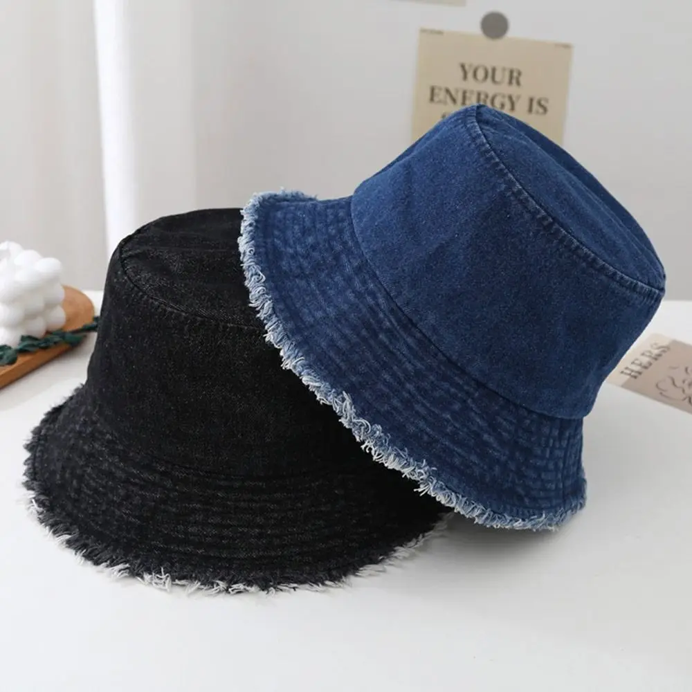 Sunscreen Hat Solid Color Fur Denim Fisherman Hat Denim Style Men Women Bucket Hat Fringed Edge Summer Vintage Bob Hat