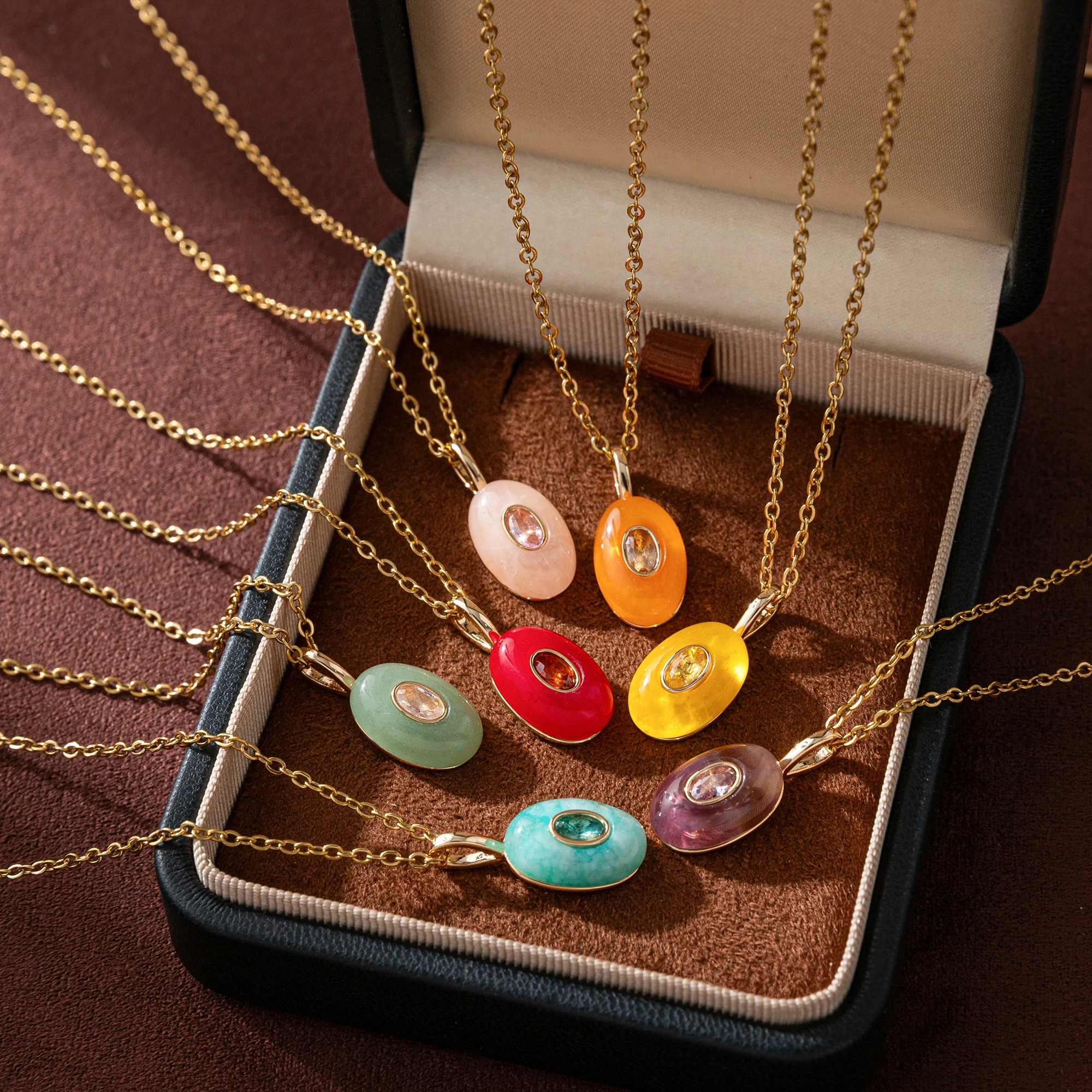 

18K Gold Stainless Steel Necklace, Natural Stone Droplet Pendant with Multi-Color Diamonds, Fashion Luxury Jewelry
