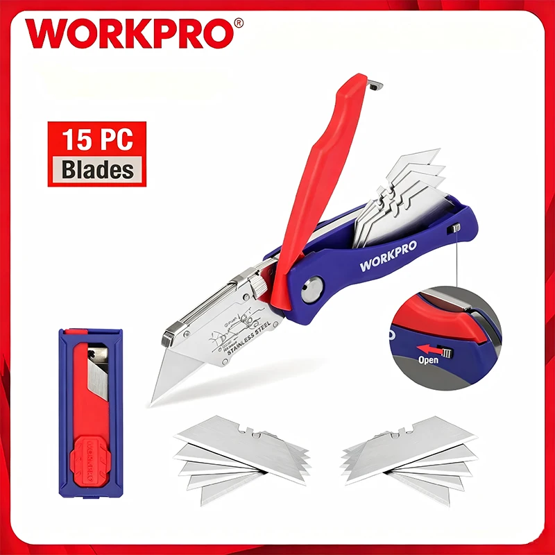 WORKPRO Folding Knife 15 Blades Heavy Duty Stainless Steel Utility Cutter - Electrician Outdoor & General Purpose Hand Tool