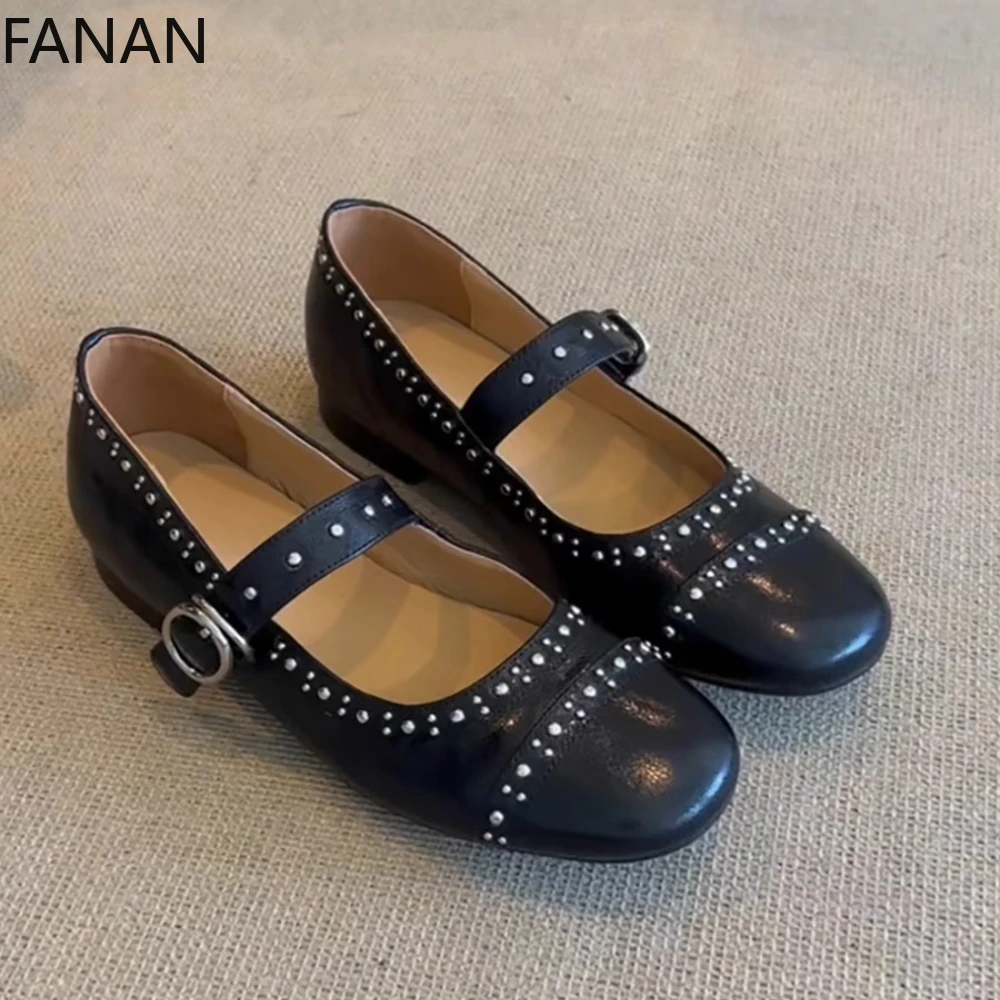 

French Ballet Flats Rivet Mary Jane Women's Shoes Black Sweet Low Heel Summer Casual Sneakers Sandals Princess Shoes