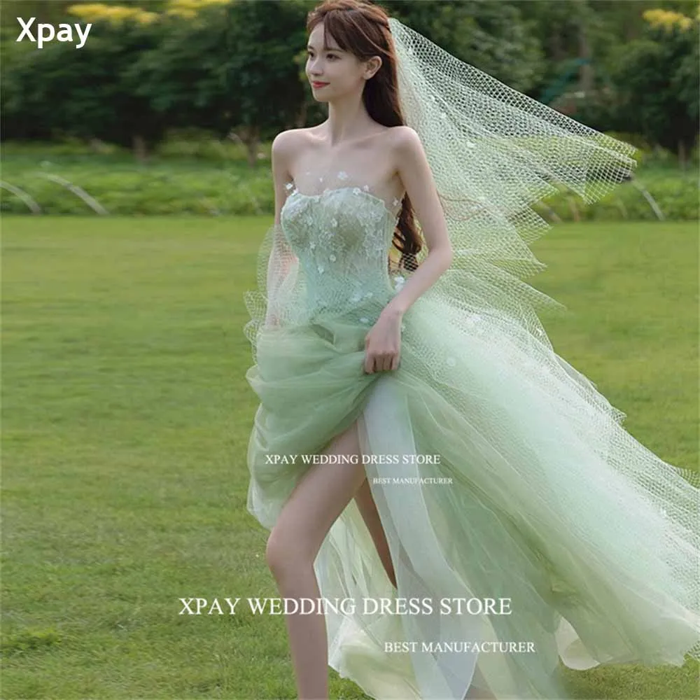 XPAY Sábio Fada Verde Tulle Vestido De Noite, Coreano A Line Vestidos, Laço Sem Alças, Espartilho De Foto De Casamento, Vestido De Festa De Aniversário Formal