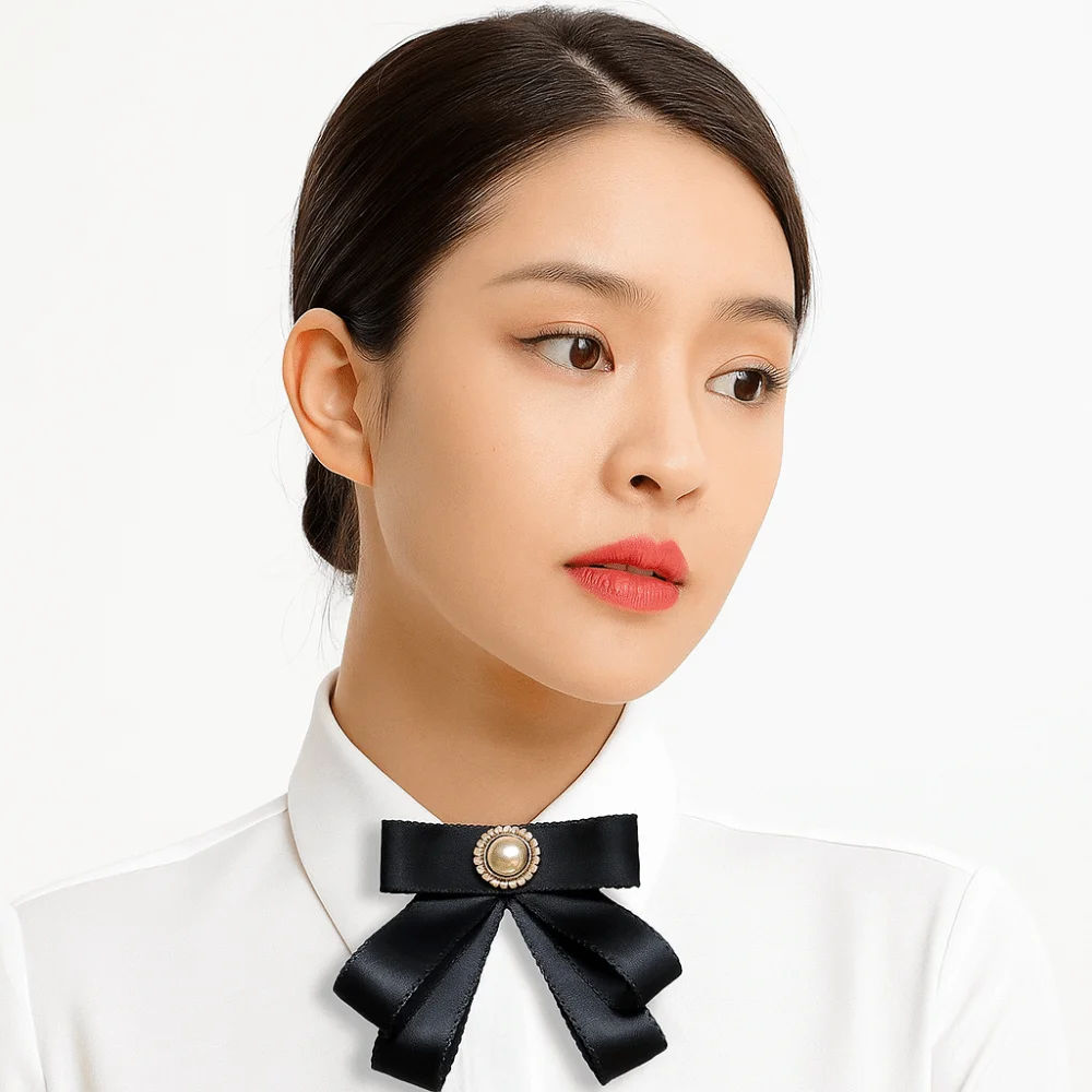 Sparkling Solid Color Black Ribbon Pin Rhinestones Pearl Black Bow Necktie Multi-layer JK Ribbon Badge Brooch Girl