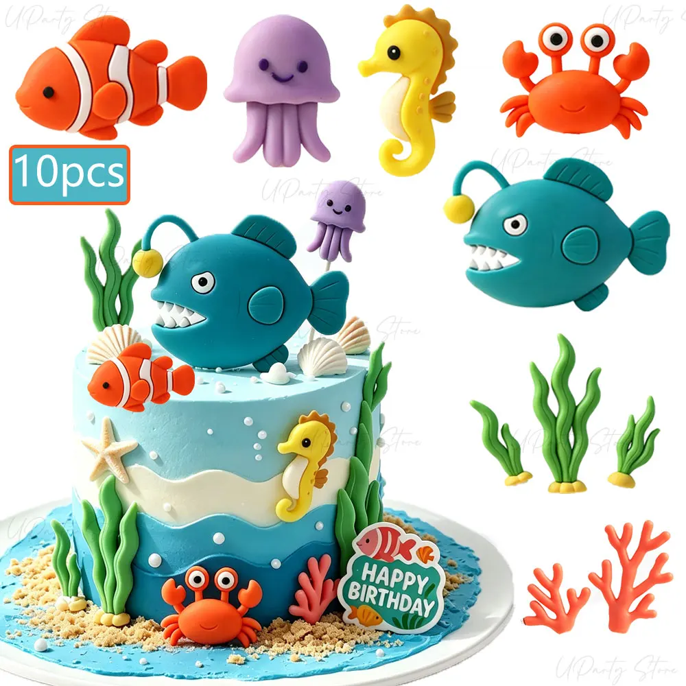 10/18 Stück Ozean-Tierfiguren zur Kuchendekoration: Hai, Tintenfisch, Koralle, Seegras für Unterwasser-Geburtstagstorten – Detail 5