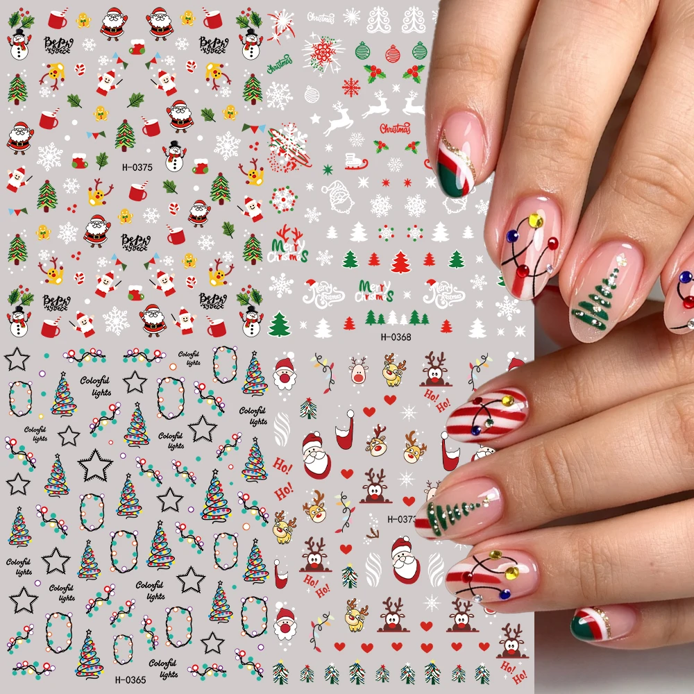 4Pcs/set Colored Light \ Christmas Tree Nail Sticker 3D Cute Santa Claus White Snowflake Reindeer Nail Decals New Year Xmas Deco