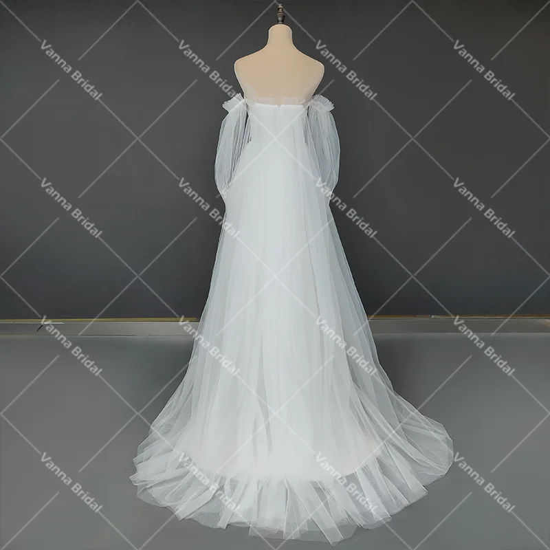 Uit De Schouder Ruches Tulle Boho Strand Bruidsjurk Een Lijn Split Vooraan Lange Sheer Mouwen Kralen Kant Custom Made trouwjurk