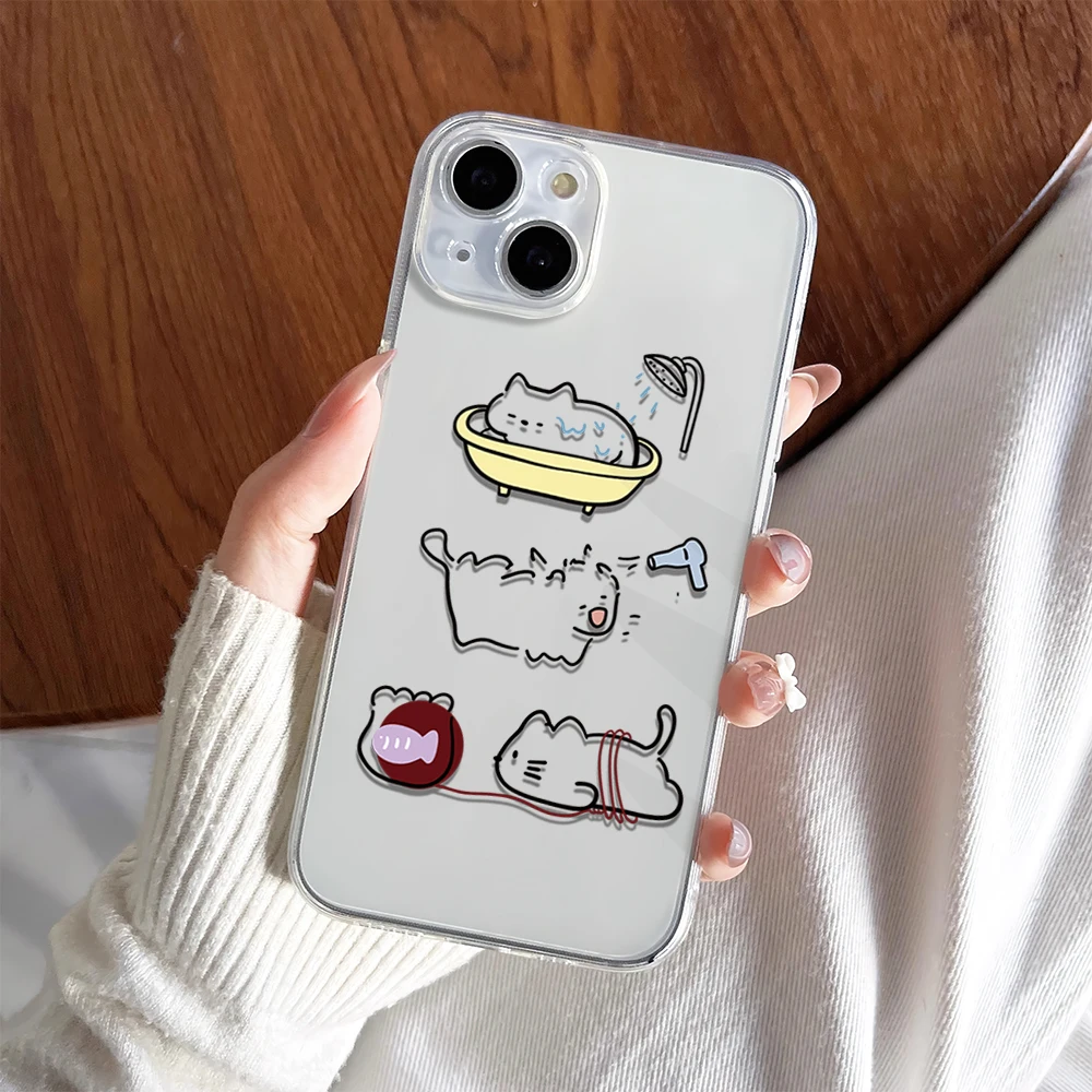 Abstract Cute Bathing Cat Cartoon Lover Phone Case For iPhone 11 13 16 15 14 12 Pro Max Plus Clear Transparent Soft Shell