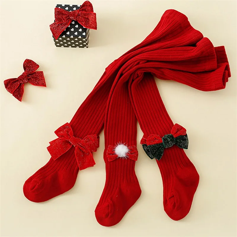 Girls Autumn Christmas Red Knitted Leggings for Children Christmas Red Elastic Band With Bow Decoration Tight Pants  Pantyhose