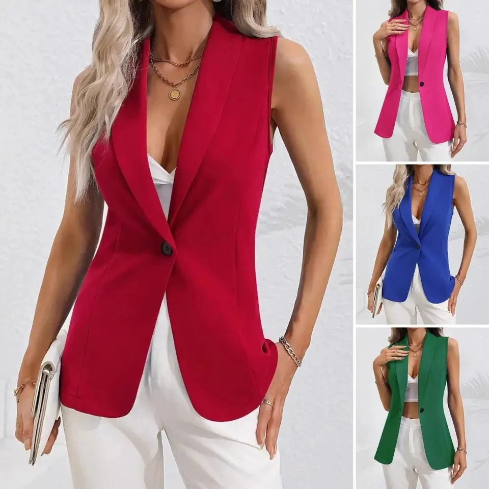

Vintage OL Casual Lapel Women One Button Suit Coats Fashion Sleeveless Office Vest 2026 Autumn Femme Waistcoat