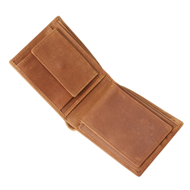 

B199/15482-5 Men's Yellow Brown Crazy Horse Leather Wallet, Multi Slot Loose Leaf Short Wallet, Laser Engraved