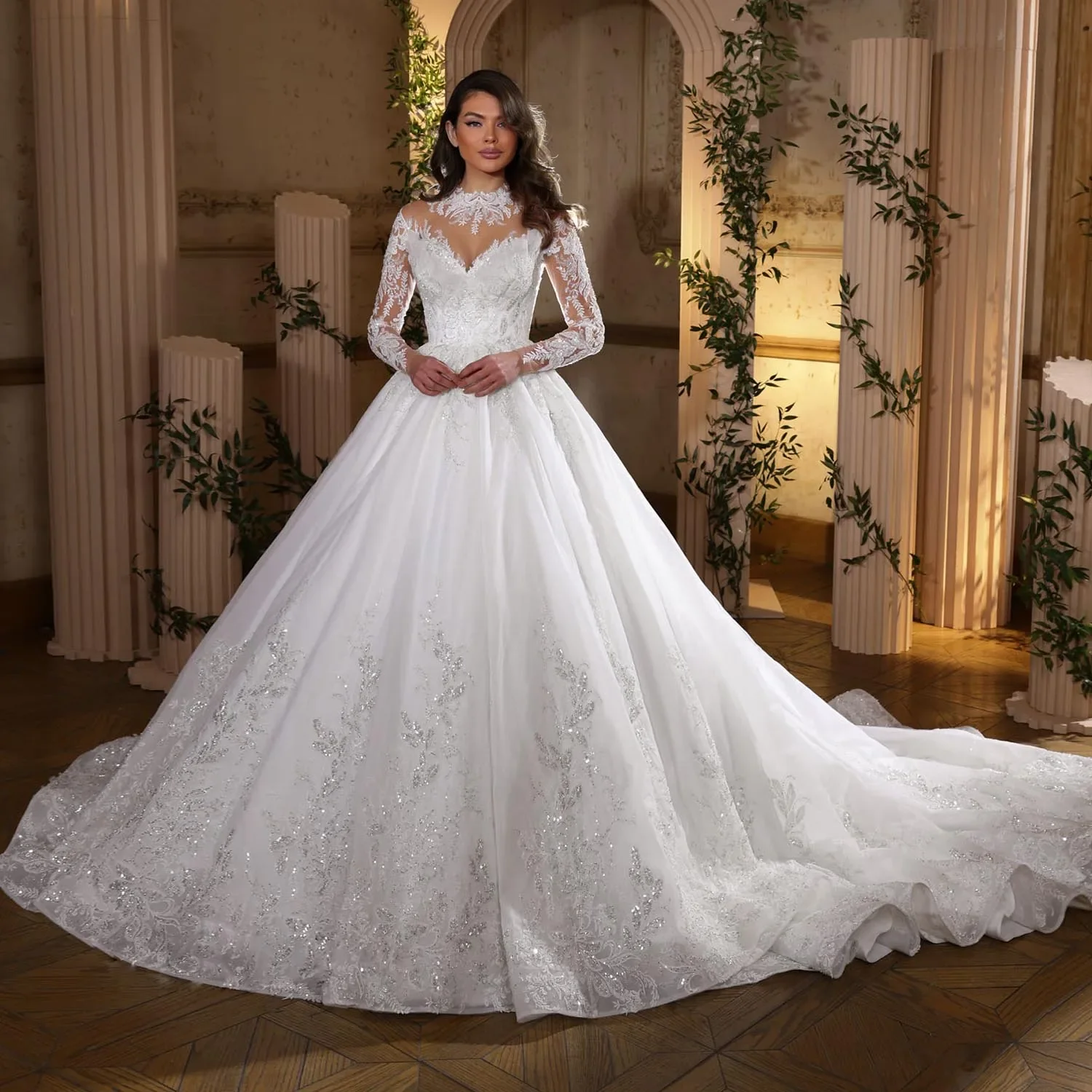 Elegant New A-Line Lace Decal Sequin Embellished Women's Wedding Dress Sexy High Neck Long Sleeved Dance Bridal Gown Customized