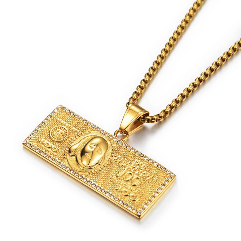 

Hip Hop Iced Out $100 Dollar Pendant Necklaces Male Gold Color Stainless Steel Money Necklace For Men Women Jewelry Gift