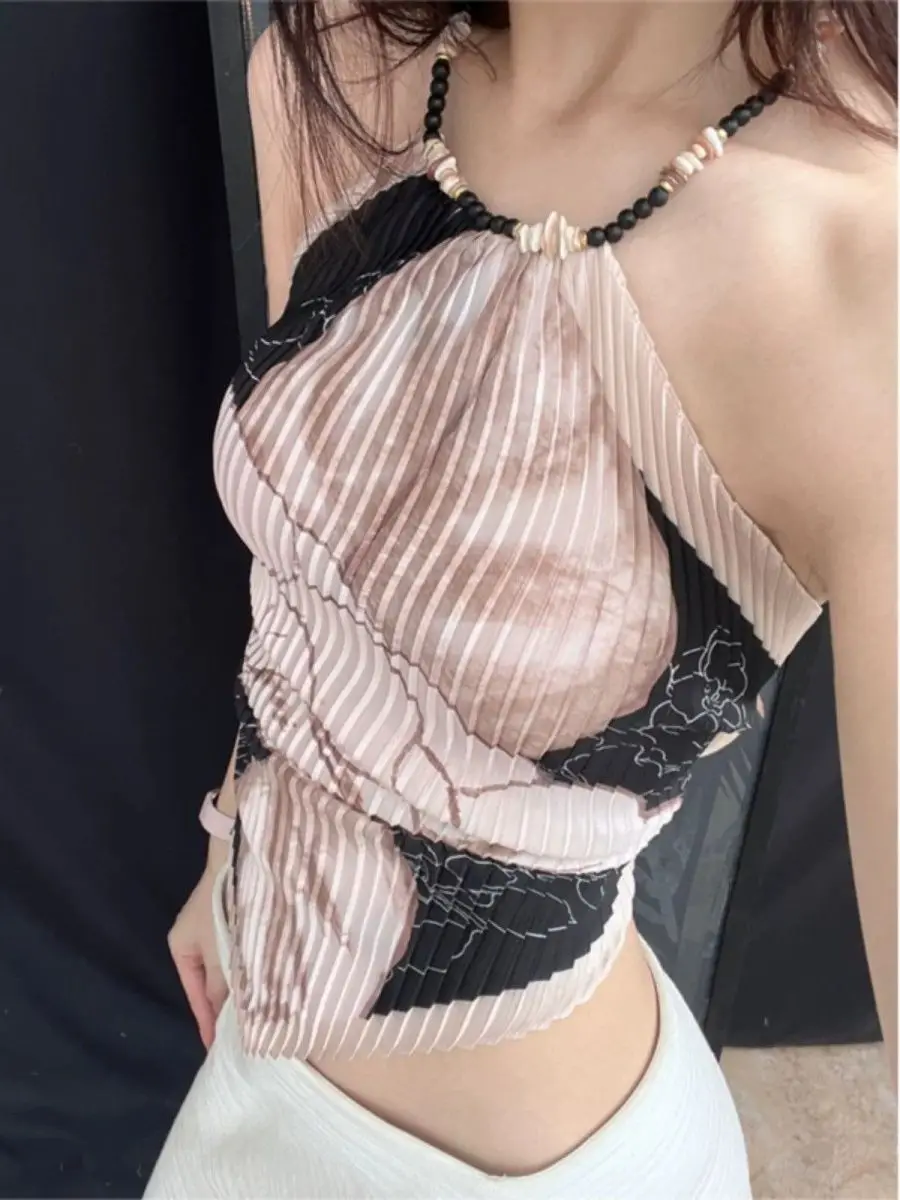 Ameircian Vintage Women Halter Top Beaded Neckline Pleated Printed Tees Slim Fit Y2K Aesthetic Retro Harajuku Camisole Summer
