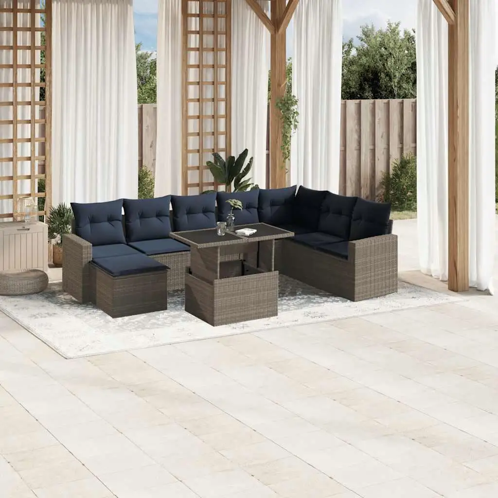 

Stylish 9 Piece Outdoor Patio Sofa Set with Cushions Gray Poly Rattan Furniture