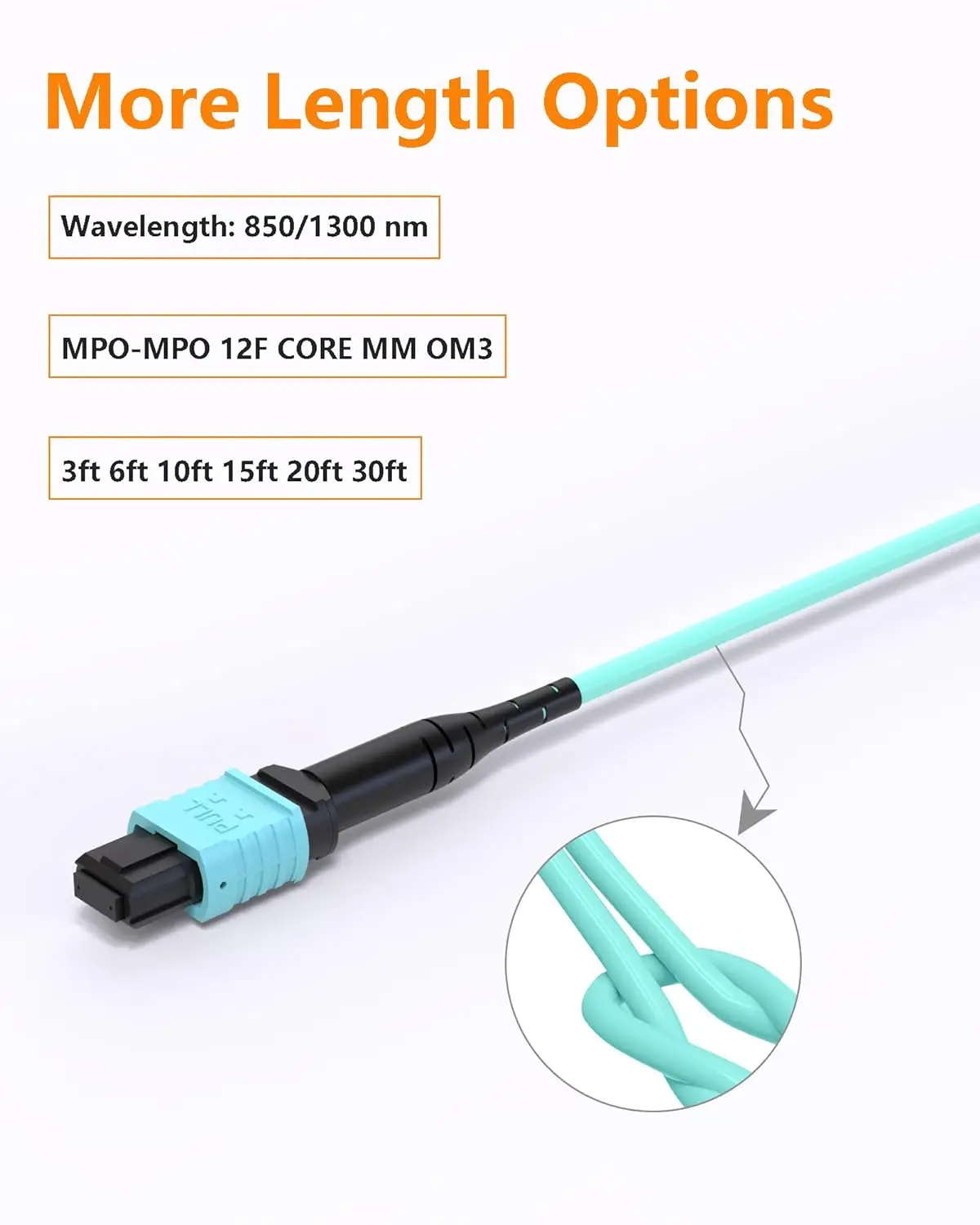 VANDESAIL MPO to MPO OM3 fibra optica, OM3 Multimode MPO Trunk Cable 12 Strand for QSFP+Transceivers MTP Compatible Application