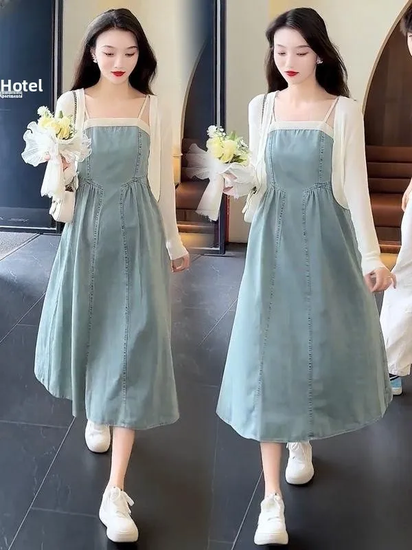 

Women's Denim Strapl Dr Sun Protection Cardigan Set Spring Summer Faionable Ele Two-Piece Cotton Blend Ensemble